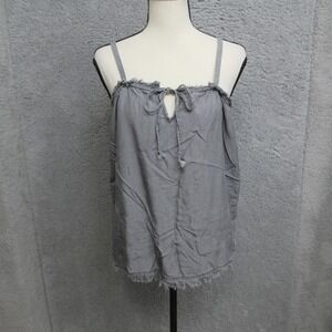 Ella Blue Fringe Hem Cami Tank Womens M Gray Tie Front Keyhole Boho Casual